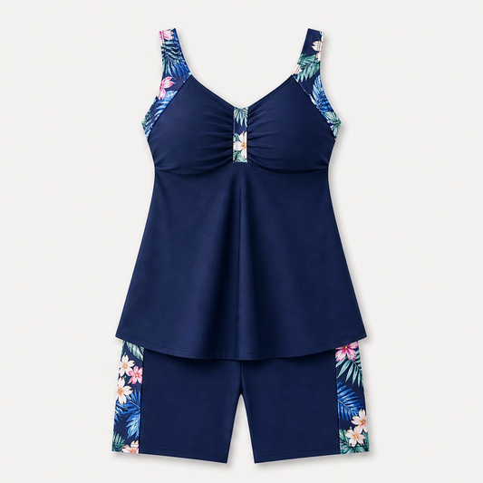Marisol – Tummy-Control Flowy Tankini Top & Boy Shorts Swimsuit Set + 50% OFF