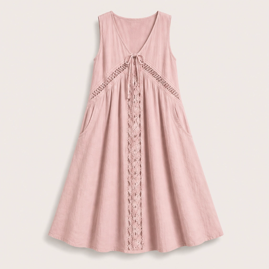 Solenne – Sleeveless V-Neck Lace-Trim Midi Dress with Pockets + 50% OFF