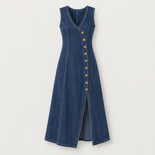 Marlowe – V-Neck Button-Front Denim Maxi Dress with Side Slit + 50% OFF