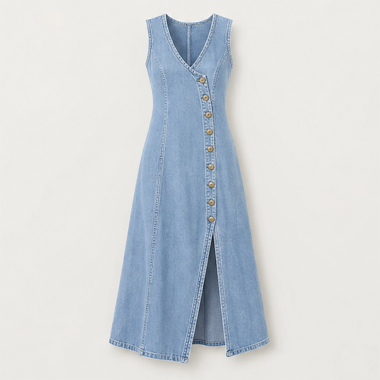 Marlowe – V-Neck Button-Front Denim Maxi Dress with Side Slit + 50% OFF