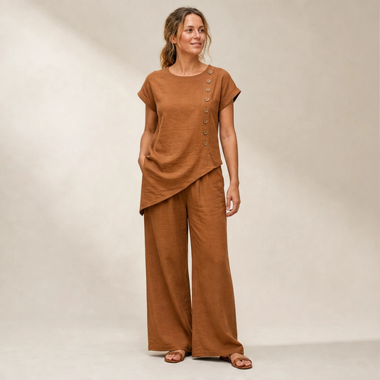 Sundrift – Asymmetric Button-Hem Top & Wide-Leg Pants 2-Piece Linen Set + 50% OFF