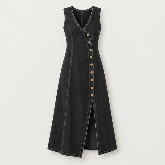 Marlowe – V-Neck Button-Front Denim Maxi Dress with Side Slit + 50% OFF