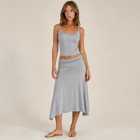 Velisse – Fold-Over Waist, Draped Asymmetric Hem Two-Piece Skirt Set+ 50% OFF