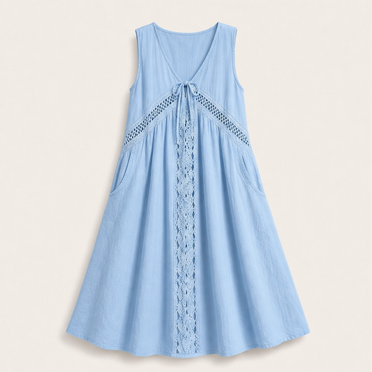Solenne – Sleeveless V-Neck Lace-Trim Midi Dress with Pockets + 50% OFF