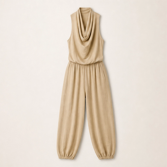 Solveia – Draped Halter Jumpsuit with Breathable Elastic-Waist Comfort + 50% OFF