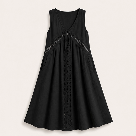Solenne – Sleeveless V-Neck Lace-Trim Midi Dress with Pockets + 50% OFF