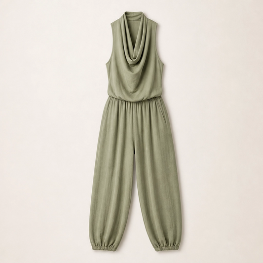 Solveia – Draped Halter Jumpsuit with Breathable Elastic-Waist Comfort + 50% OFF