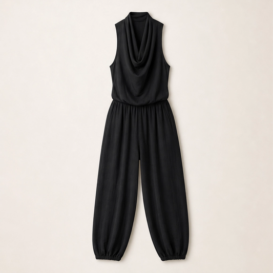 Solveia – Draped Halter Jumpsuit with Breathable Elastic-Waist Comfort + 50% OFF