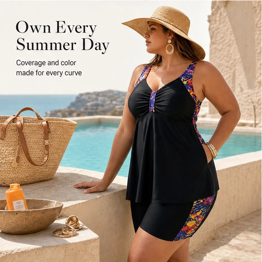 Marisol – Tummy-Control Flowy Tankini Top & Boy Shorts Swimsuit Set + 50% OFF