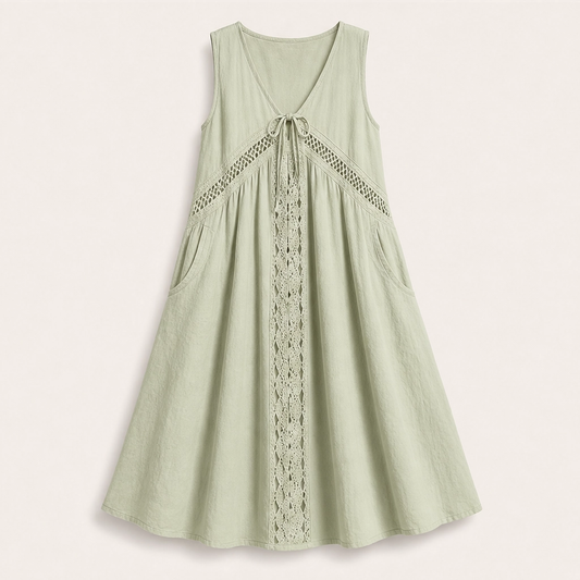 Solenne – Sleeveless V-Neck Lace-Trim Midi Dress with Pockets + 50% OFF