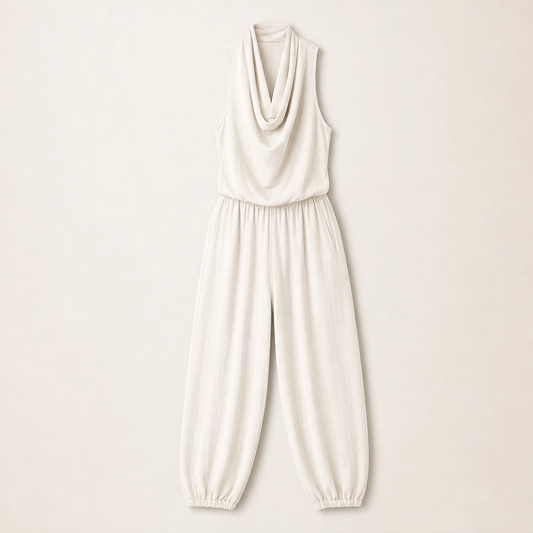 Solveia – Draped Halter Jumpsuit with Breathable Elastic-Waist Comfort + 50% OFF