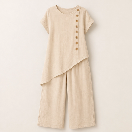 Sundrift – Asymmetric Button-Hem Top & Wide-Leg Pants 2-Piece Linen Set + 50% OFF