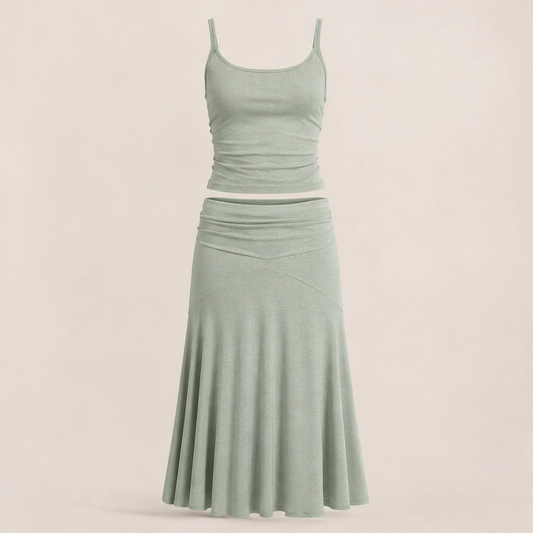Velisse – Fold-Over Waist, Draped Asymmetric Hem Two-Piece Skirt Set+ 50% OFF
