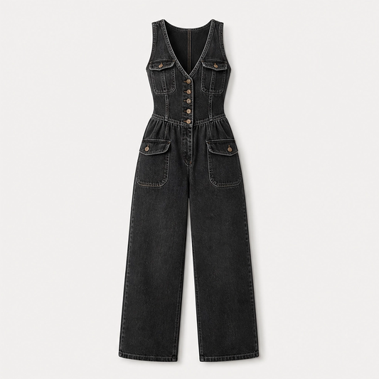Willowdrift – Button-Front Wide-Leg Denim Jumpsuit + 50% OFF