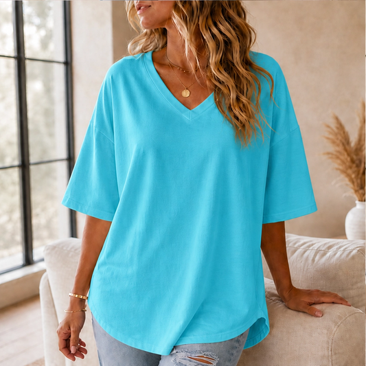 Driftelle – Soft Drape Oversized V-Neck Half-Sleeve Tunic Tee + 50% OFF