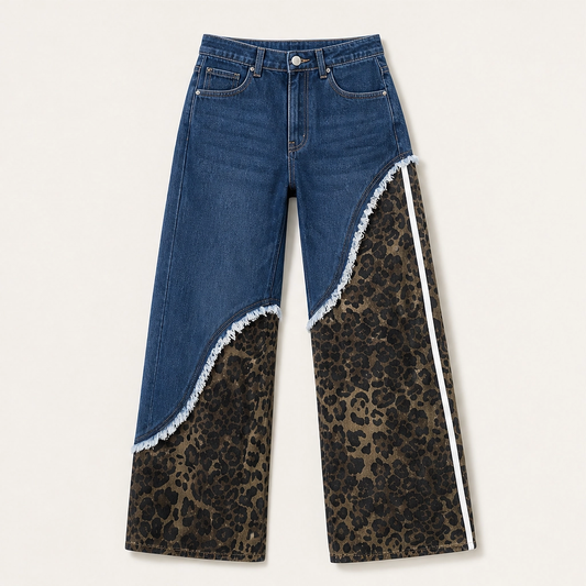 Prowl – Leopard Patchwork Wide-Leg Cotton Jeans + 50% OFF