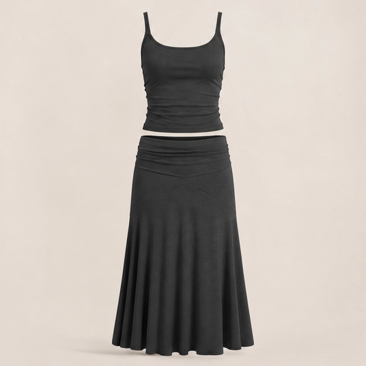 Velisse – Fold-Over Waist, Draped Asymmetric Hem Two-Piece Skirt Set+ 50% OFF