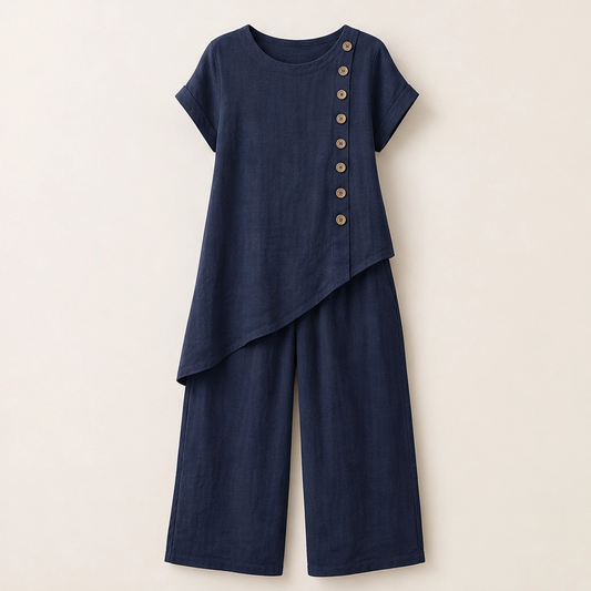 Sundrift – Asymmetric Button-Hem Top & Wide-Leg Pants 2-Piece Linen Set + 50% OFF