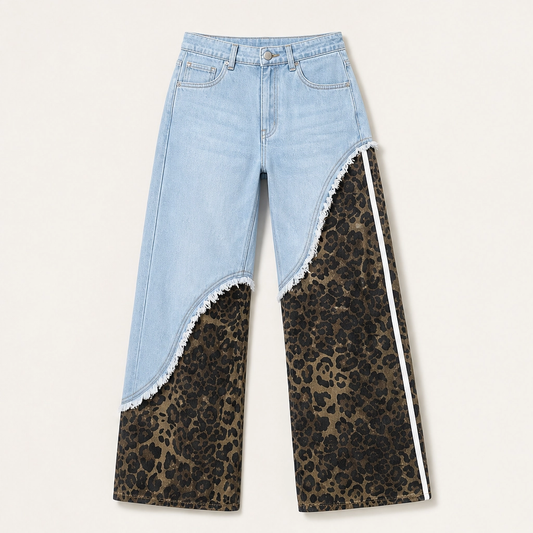 Prowl – Leopard Patchwork Wide-Leg Cotton Jeans + 50% OFF