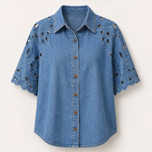 Everly – Floral Eyelet Cutout Denim Shirt + 50% OFF