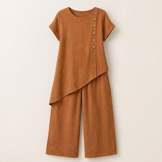 Sundrift – Asymmetric Button-Hem Top & Wide-Leg Pants 2-Piece Linen Set + 50% OFF
