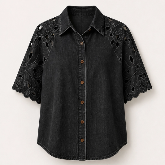 Everly – Floral Eyelet Cutout Denim Shirt + 50% OFF