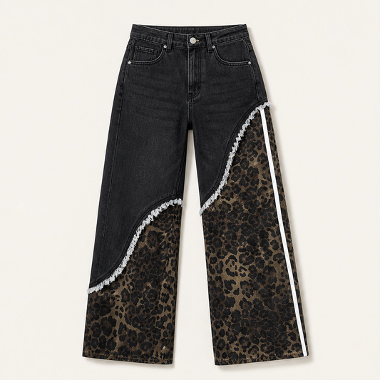 Prowl – Leopard Patchwork Wide-Leg Cotton Jeans + 50% OFF