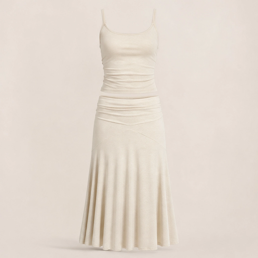 Velisse – Fold-Over Waist, Draped Asymmetric Hem Two-Piece Skirt Set+ 50% OFF
