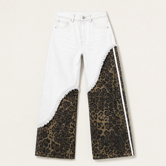 Prowl – Leopard Patchwork Wide-Leg Cotton Jeans + 50% OFF