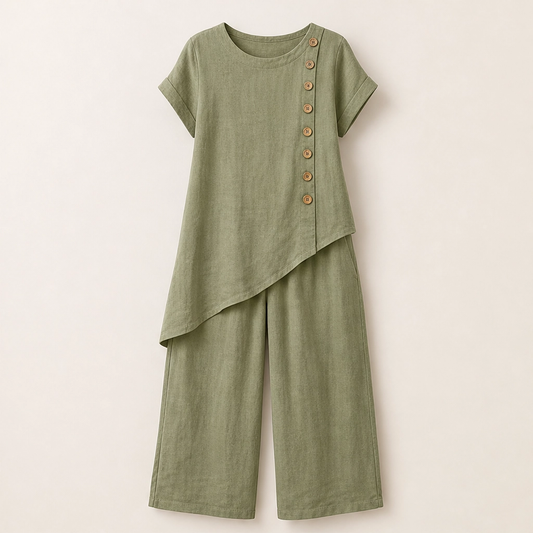 Sundrift – Asymmetric Button-Hem Top & Wide-Leg Pants 2-Piece Linen Set + 50% OFF
