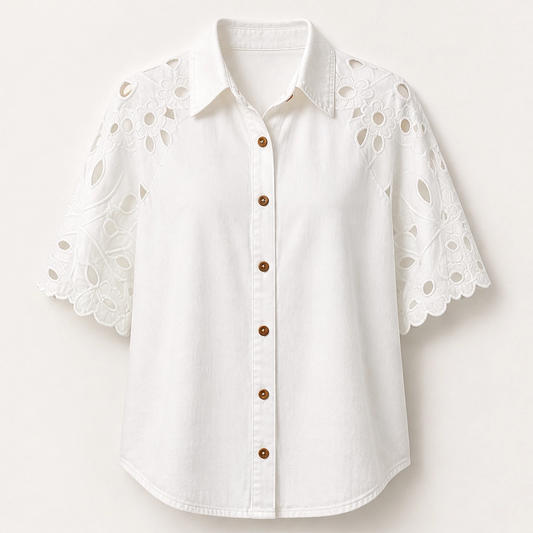 Everly – Floral Eyelet Cutout Denim Shirt + 50% OFF
