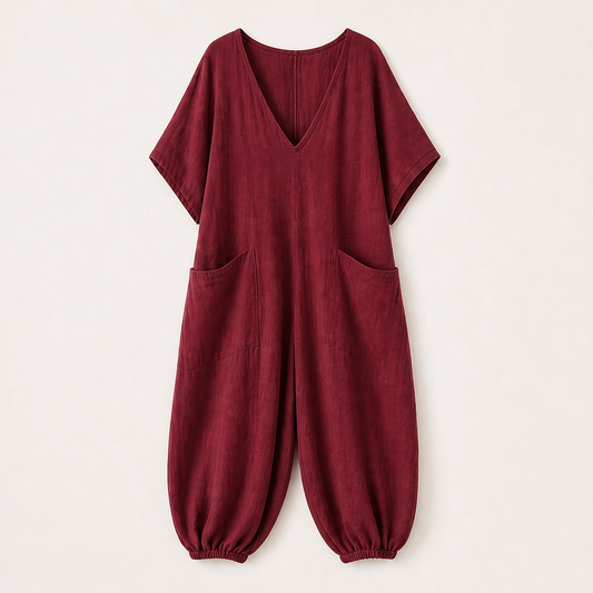 Willowmere – Airy Linen-Blend V-Neck Oversized Jumpsuit with Pockets + 50% OFF