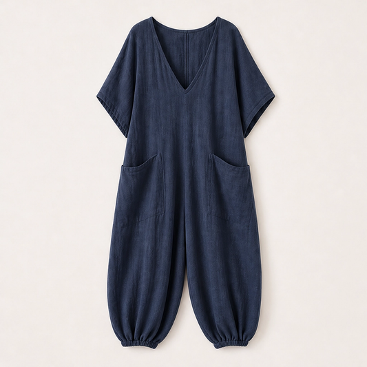 Willowmere – Airy Linen-Blend V-Neck Oversized Jumpsuit with Pockets + 50% OFF