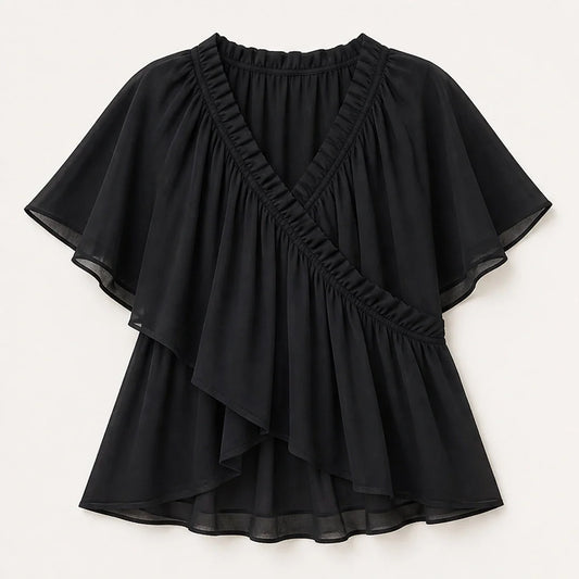 Thalise – Ruffled Faux-Wrap Chiffon Blouse with Flutter Sleeves + 50% OFF