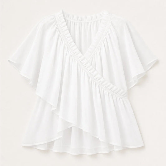 Thalise – Ruffled Faux-Wrap Chiffon Blouse with Flutter Sleeves + 50% OFF