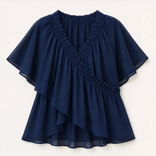 Thalise – Ruffled Faux-Wrap Chiffon Blouse with Flutter Sleeves + 50% OFF