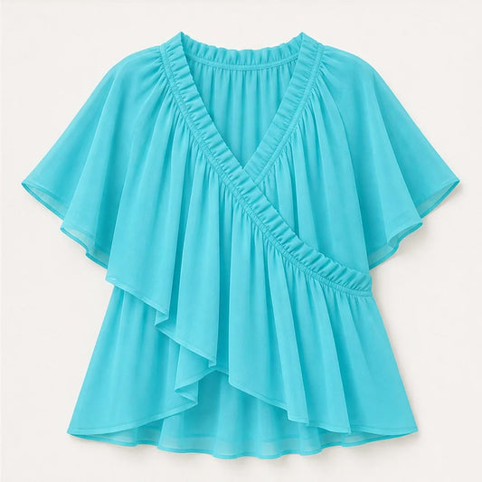 Thalise – Ruffled Faux-Wrap Chiffon Blouse with Flutter Sleeves + 50% OFF