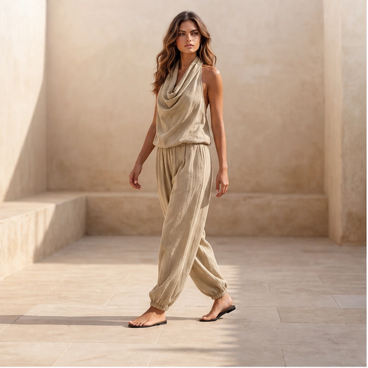 Solveia – Draped Halter Jumpsuit with Breathable Elastic-Waist Comfort + 50% OFF