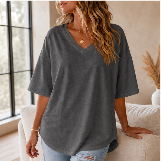 Driftelle – Soft Drape Oversized V-Neck Half-Sleeve Tunic Tee + 50% OFF