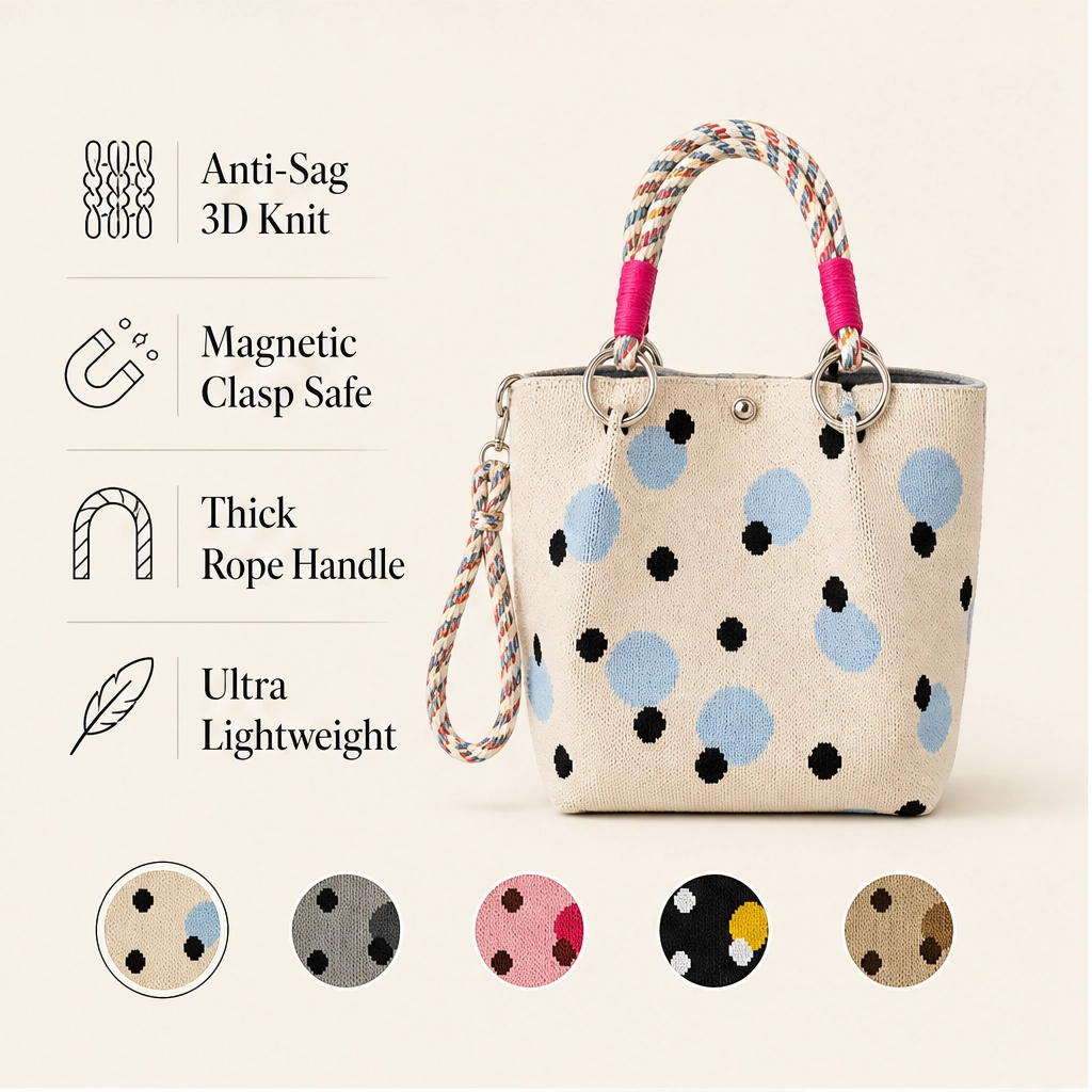 Pippa – Polka Dot Knit Mini Bucket Bag with Rope Handle + 50% OFF