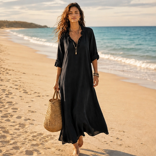 Solene – Ruffle V-Neck Flowing Maxi Dress with Roll-Up Sleeves + 50% OFF