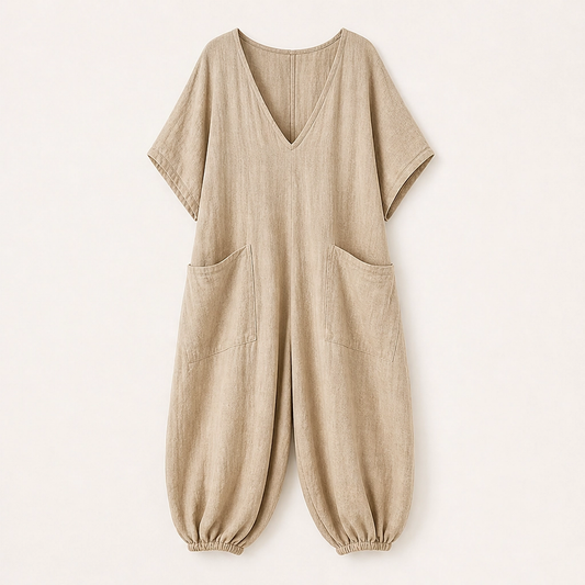 Willowmere – Airy Linen-Blend V-Neck Oversized Jumpsuit with Pockets + 50% OFF