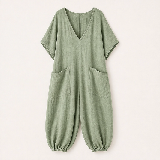 Willowmere – Airy Linen-Blend V-Neck Oversized Jumpsuit with Pockets + 50% OFF