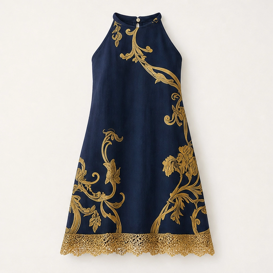 Solenne – Gold Baroque Print Lace-Trim Sleeveless Mini Dress + 50% OFF