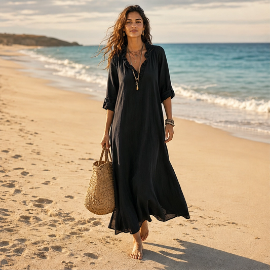Solene – Ruffle V-Neck Flowing Maxi Dress with Roll-Up Sleeves + 50% OFF