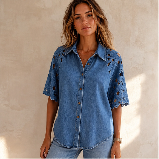 Everly – Floral Eyelet Cutout Denim Shirt + 50% OFF