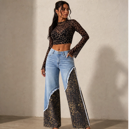 Prowl – Leopard Patchwork Wide-Leg Cotton Jeans + 50% OFF
