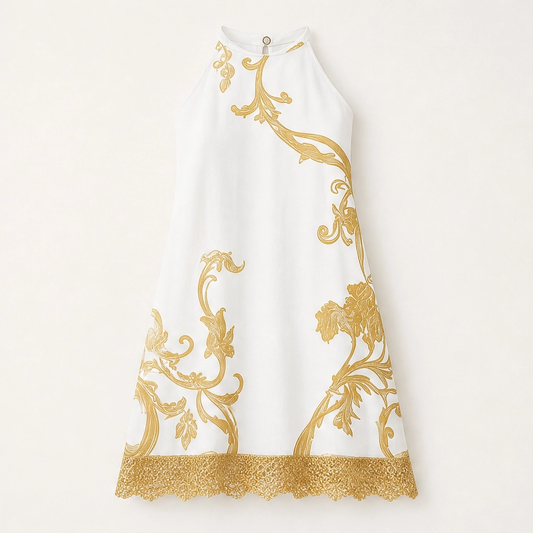 Solenne – Gold Baroque Print Lace-Trim Sleeveless Mini Dress + 50% OFF