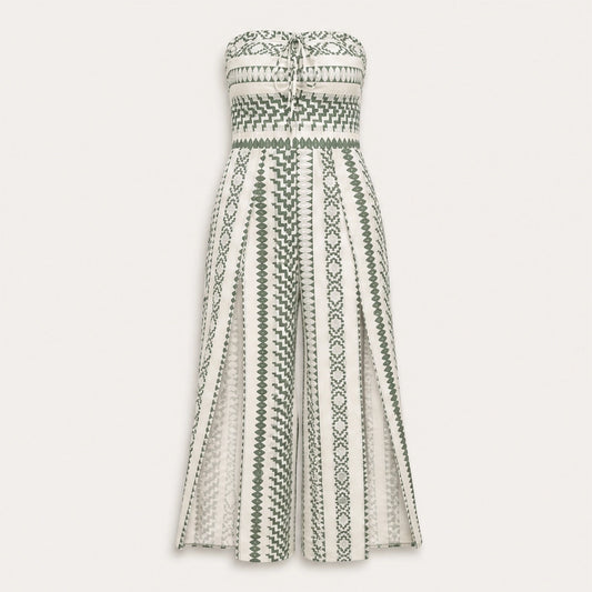 Marisol – Strapless Geometric Print Wide-Leg Jumpsuit with Side Slits + 50% OFF