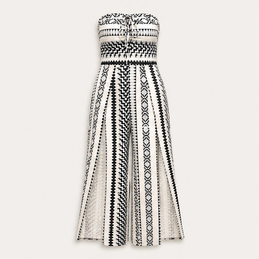 Marisol – Strapless Geometric Print Wide-Leg Jumpsuit with Side Slits + 50% OFF